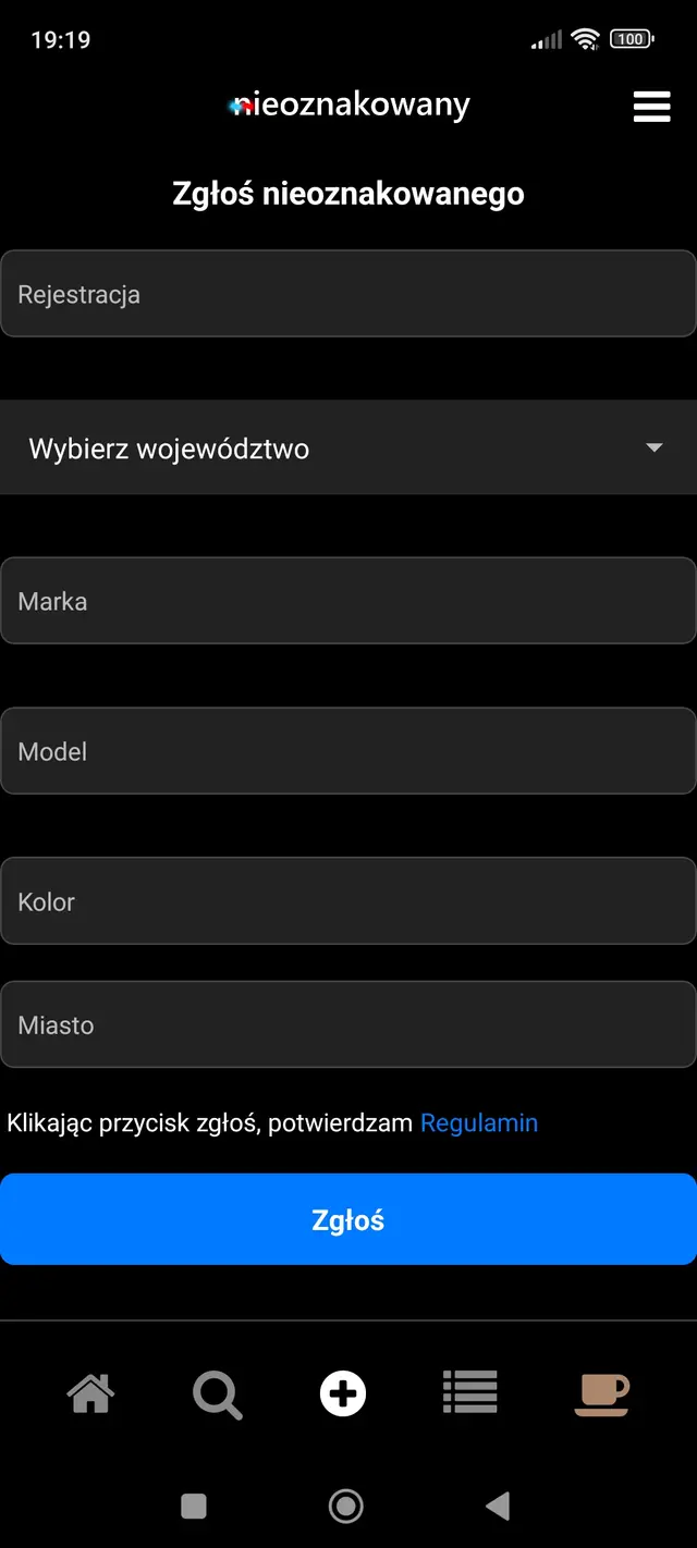 Zgłaszanie nieoznakowanego radiowozu w aplikacji