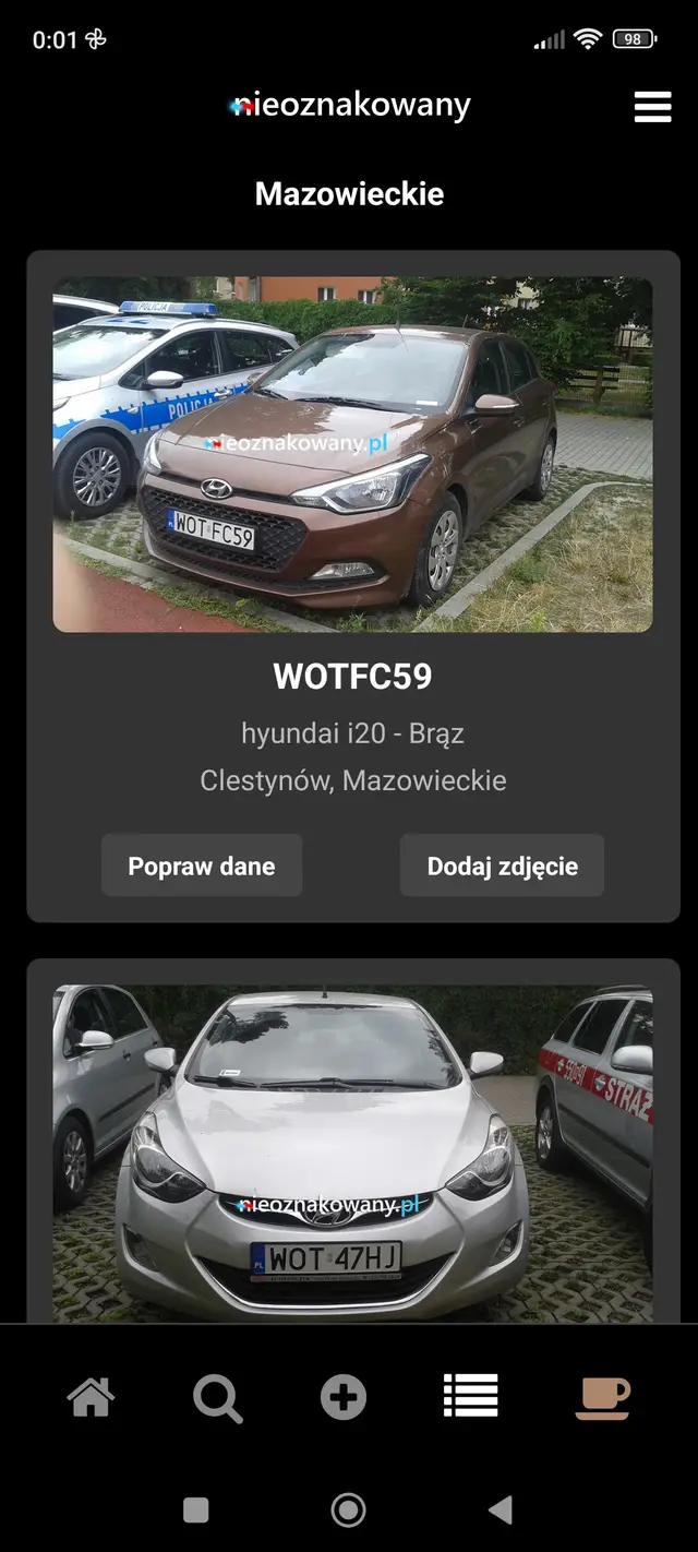 Lista nieoznakowanych radiowozów według województw w aplikacji